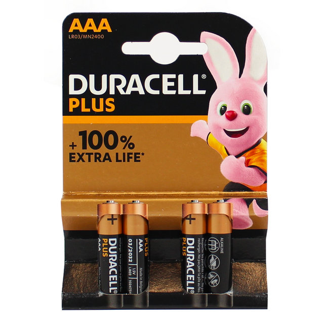 duracell duracell plus 10 blister ministilo batterie aaa +100% extra life alcaline blister da 4 pezzi - foto 1
