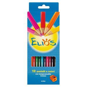 Pastelli elios  colorati in astuccio da 12 pz. colori assortiti, mina 2,8 mm, temperamatite incluso.