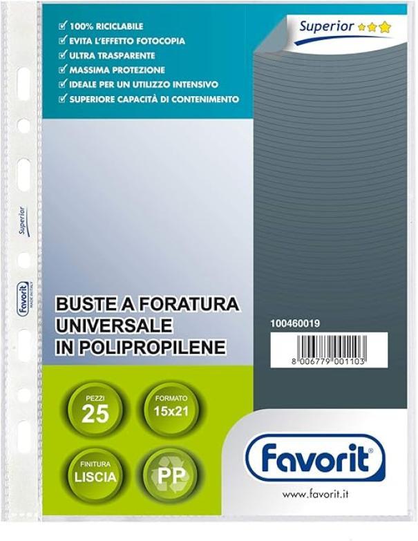 favorit favorit buste forate interni listino finitura liscia formato a5 dimensioni  15 x 21 cm - confezione da 25 pezzi - foto 1