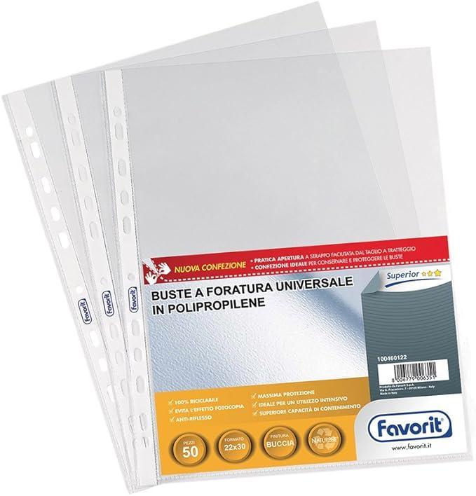 favorit favorit buste forate interni listino finitura goffrata formato a4 dimensioni  22 x 30 cm - confezione da 50 pezzi - foto 1