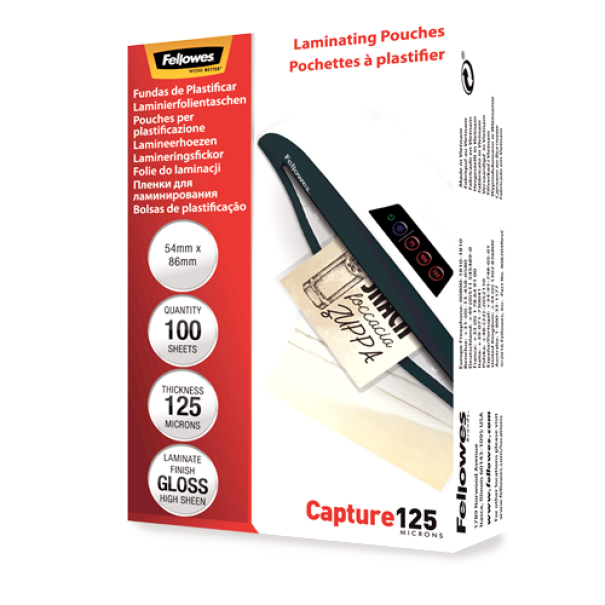 fellowes fellowes pouches per plastificare formato 54x86 mm da 125 micron confezione da 100 pz. - foto 1