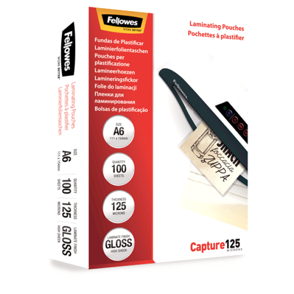 fellowes fellowes pouches per plastificare formato a6 - 111x154 mm da 125 micron confezione da 100 pz. - foto 1