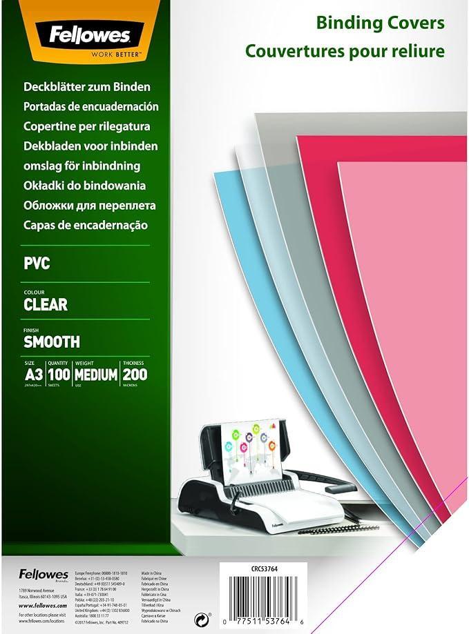 fellowes fellowes copertine trasparenti in pvc per rilegare formato a3 - 200 micron confezione da 100 pz - foto 1