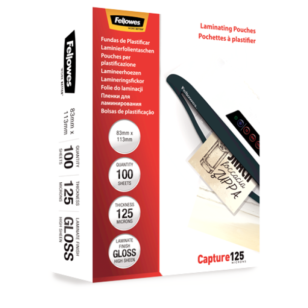 fellowes fellowes pouches per plastificare formato 83x113 mm da 125 micron confezione da 100 pz. - foto 1