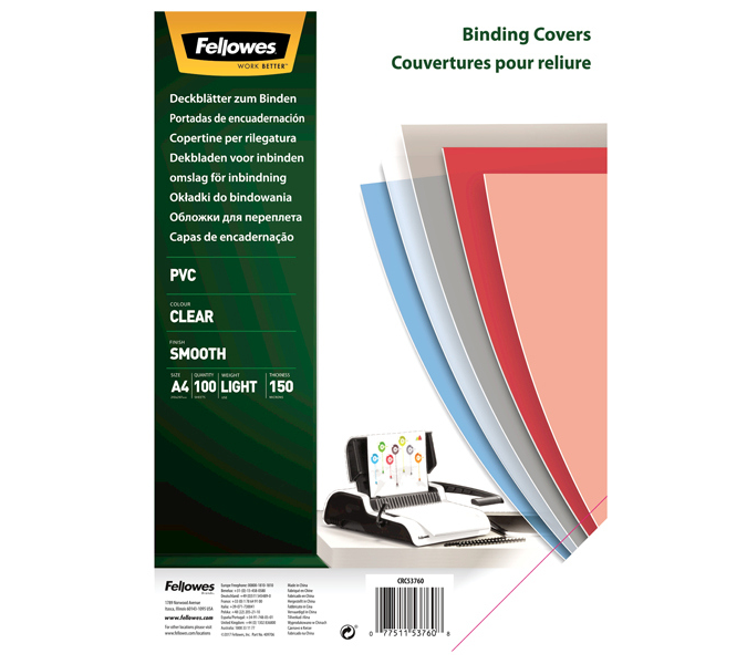 fellowes fellowes copertine trasparenti in pvc per rilegare formato a4 - 150 micron confezione da 100 pz - foto 1