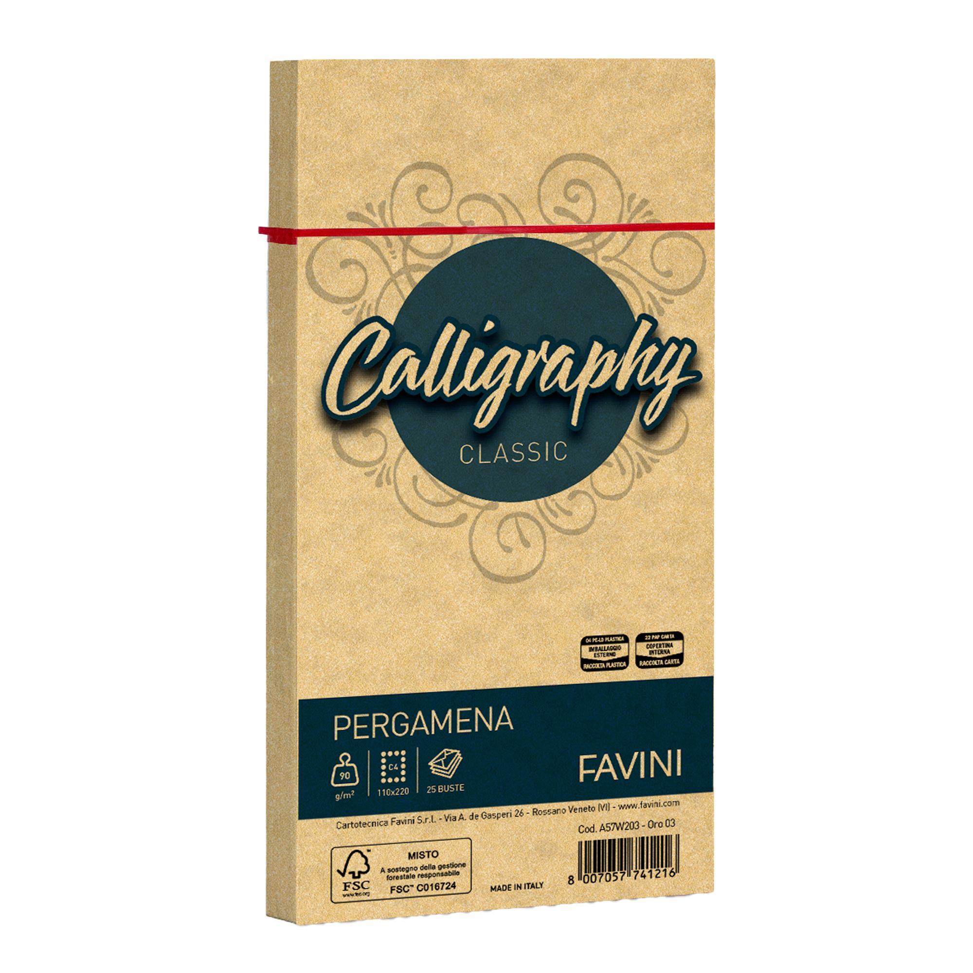 favini favini calligraphy buste pergamena 11x22 cm conf da 25 pz carta da 90 gr/mq colore oro - foto 1