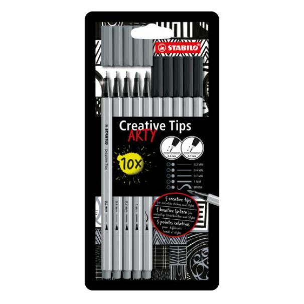 stabilo stabilo creative tips arty set di punte multiple pennarelli nero & grigio astuccio da 10 pezzi - foto 1
