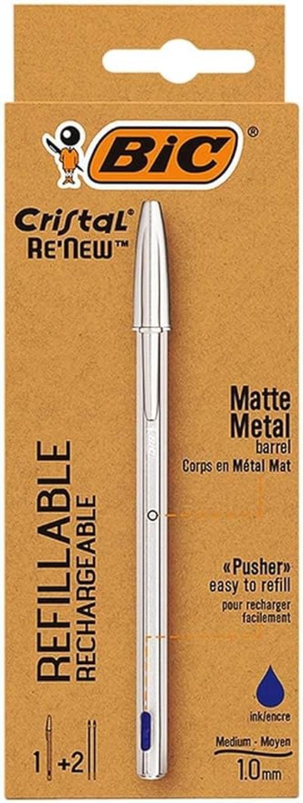 bic bic cristal metal re-new penna a sfera ricaricabile punta media da 1 mm + 2 refill colore blu - foto 1