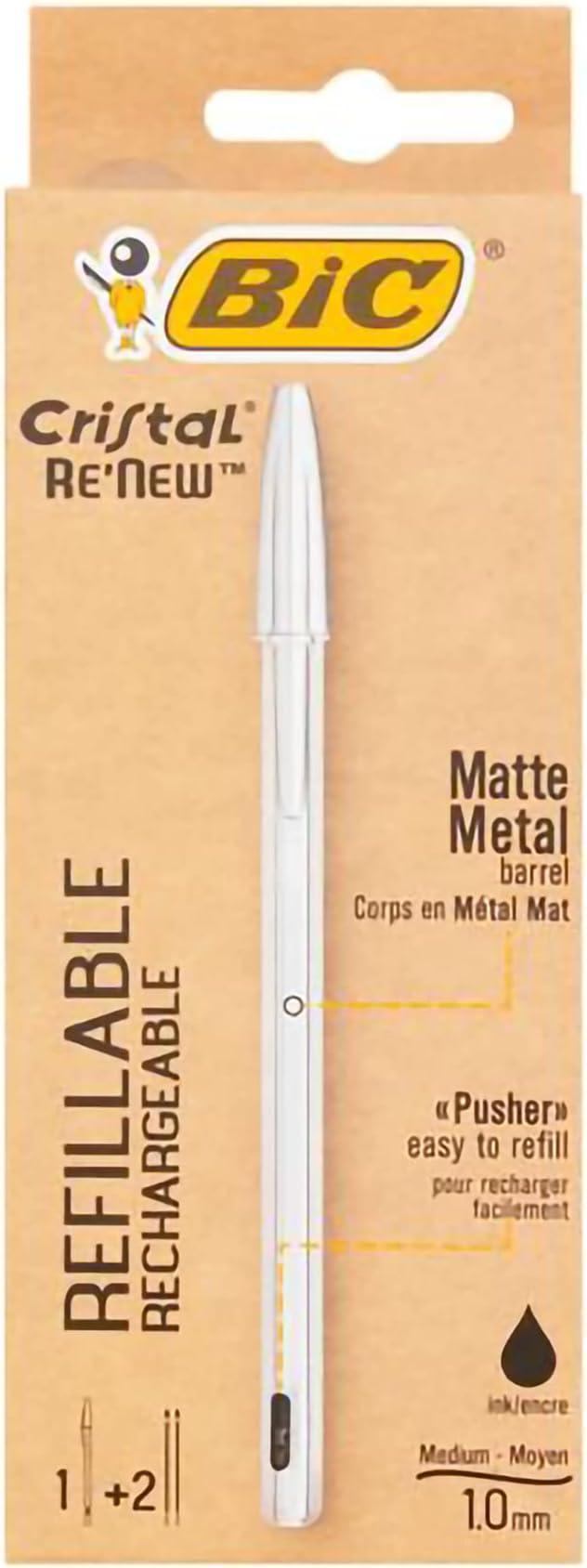 bic bic cristal metal re-new penna a sfera ricaricabile punta media da 1 mm + 2 refill colore nero - foto 1