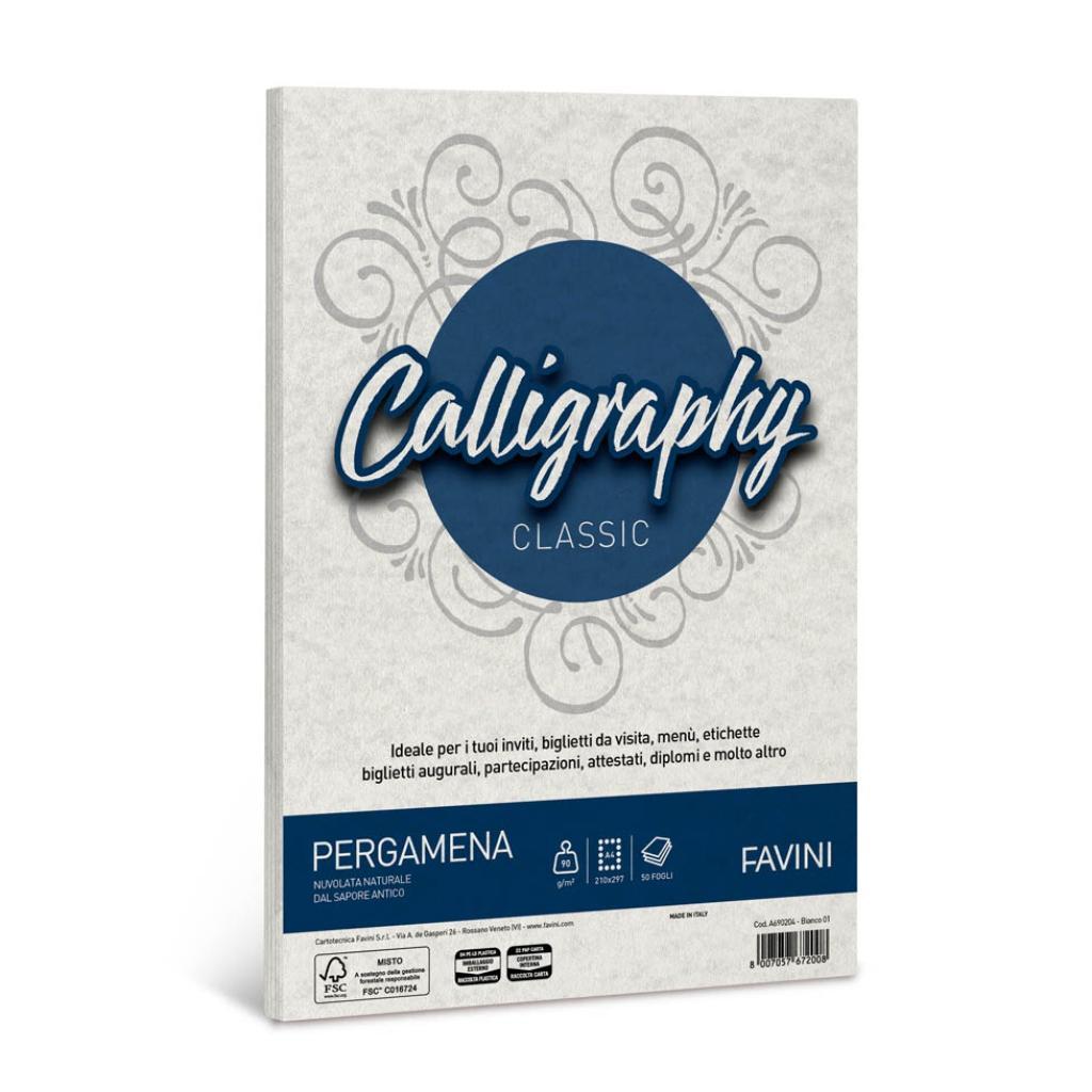 favini favini calligraphy carta pergamena a4 21x29,7cm conf da 50  fogli da 90 gr/mq colore bianco - foto 1