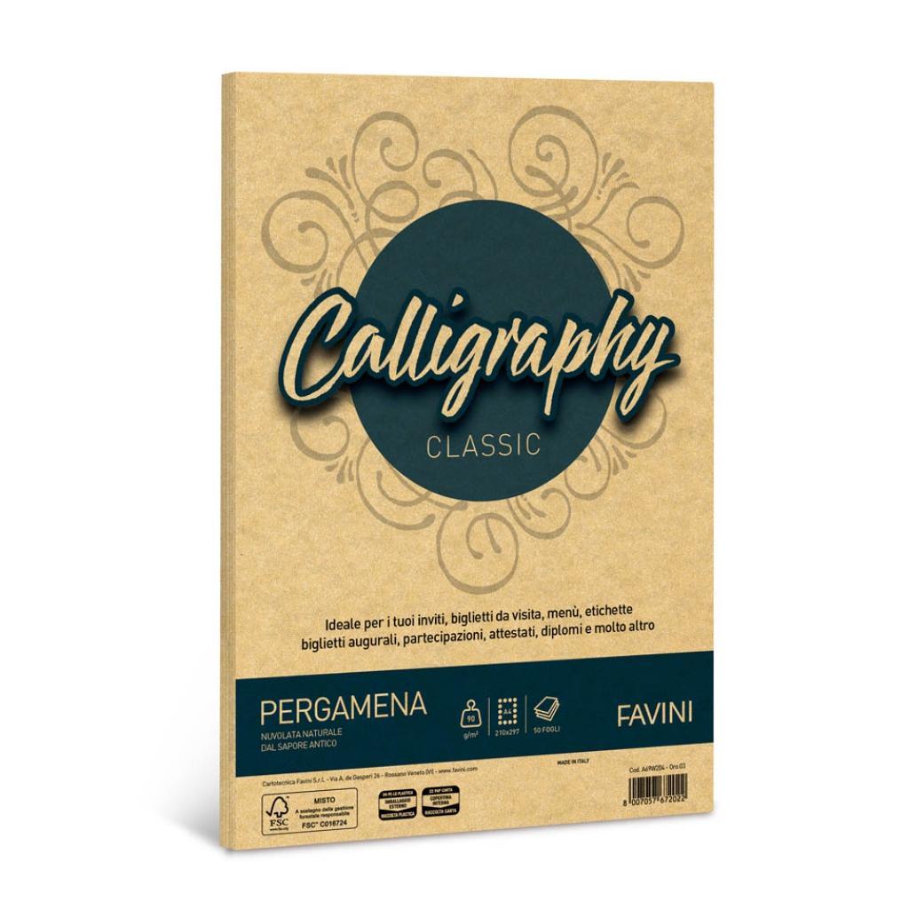 favini favini calligraphy carta pergamena a4 21x29,7cm conf da 50  fogli da 90 gr/mq colore oro - foto 1
