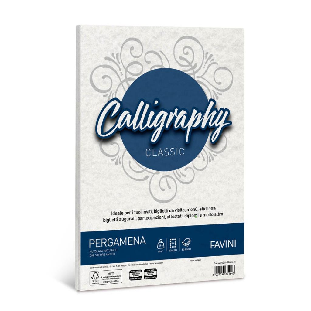 favini favini calligraphy carta pergamena a4 21x29,7cm conf da 50  fogli da 190 gr/mq colore bianco - foto 1