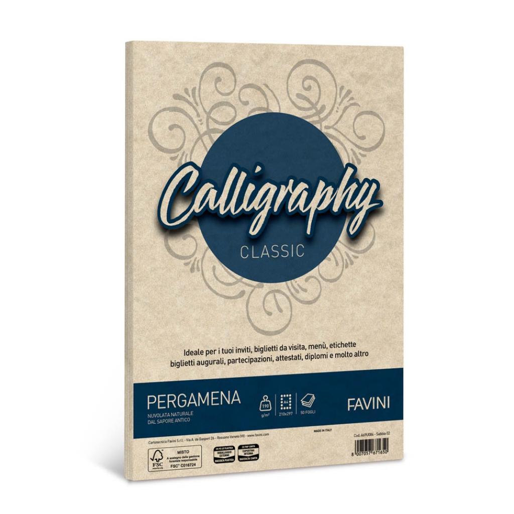 favini favini calligraphy carta pergamena a4 21x29,7cm conf da 50  fogli da 190 gr/mq colore sabbia - foto 1