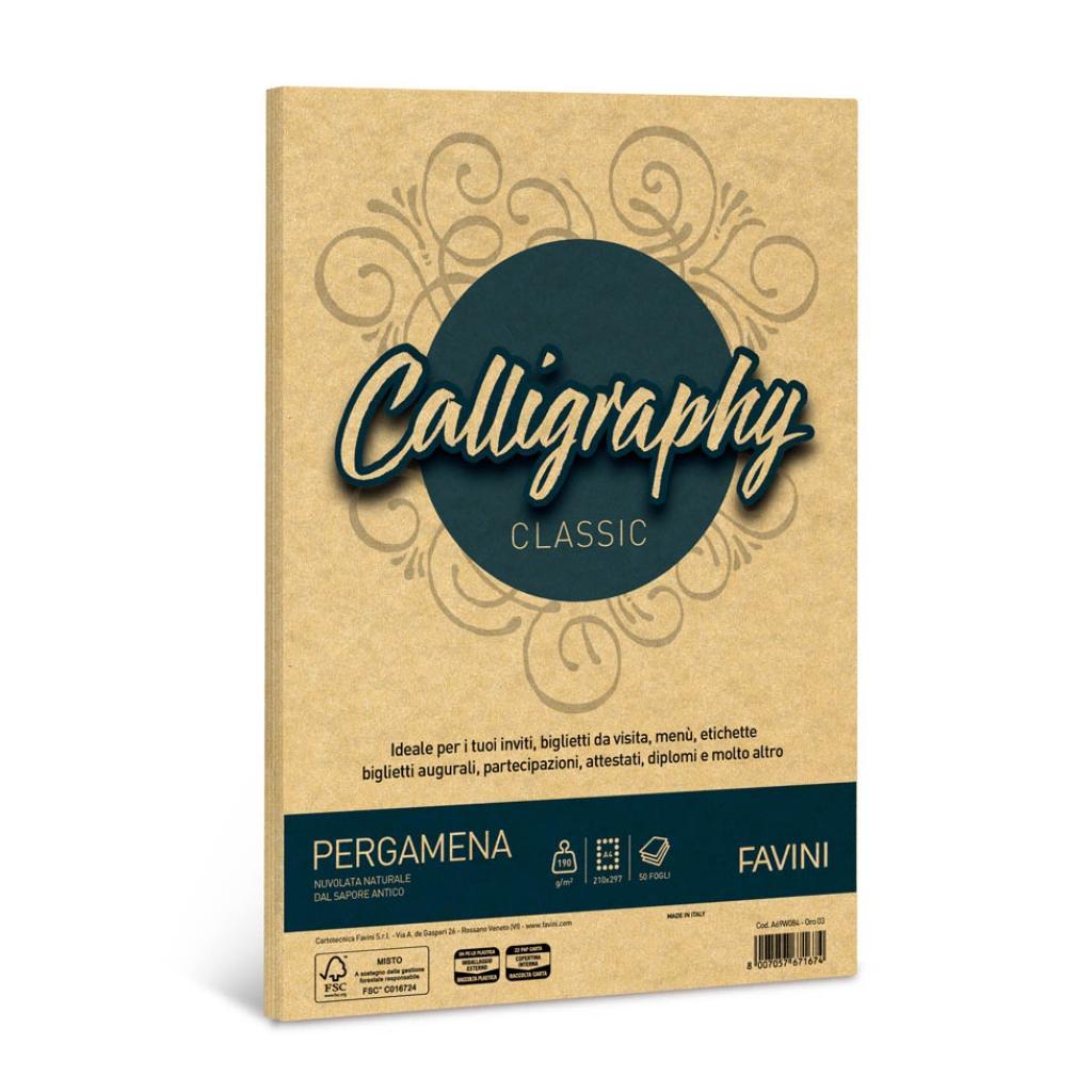 favini favini calligraphy carta pergamena a4 21x29,7cm conf da 50  fogli da 190 gr/mq colore oro - foto 1