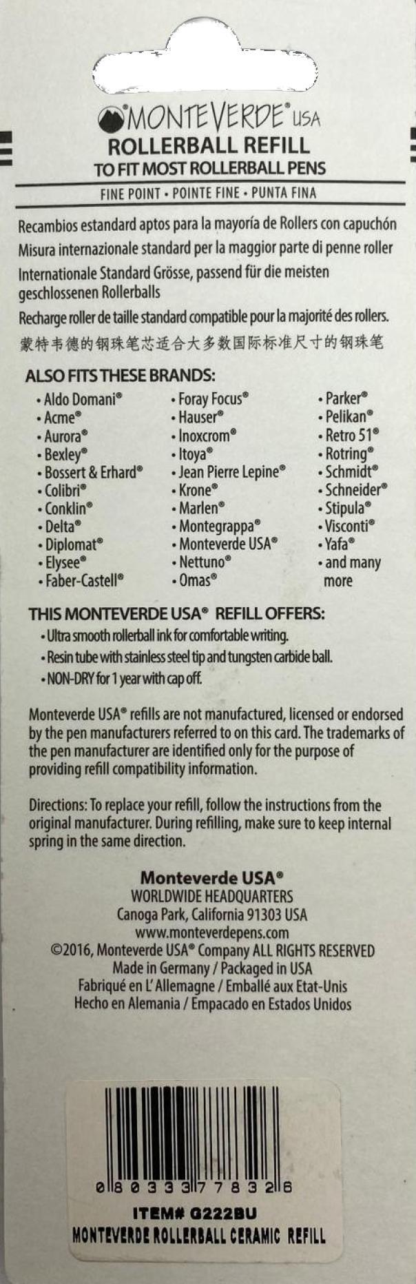 monteverde monteverde refill roller punta fine in blister da 2 pezzi colore blu - foto 2