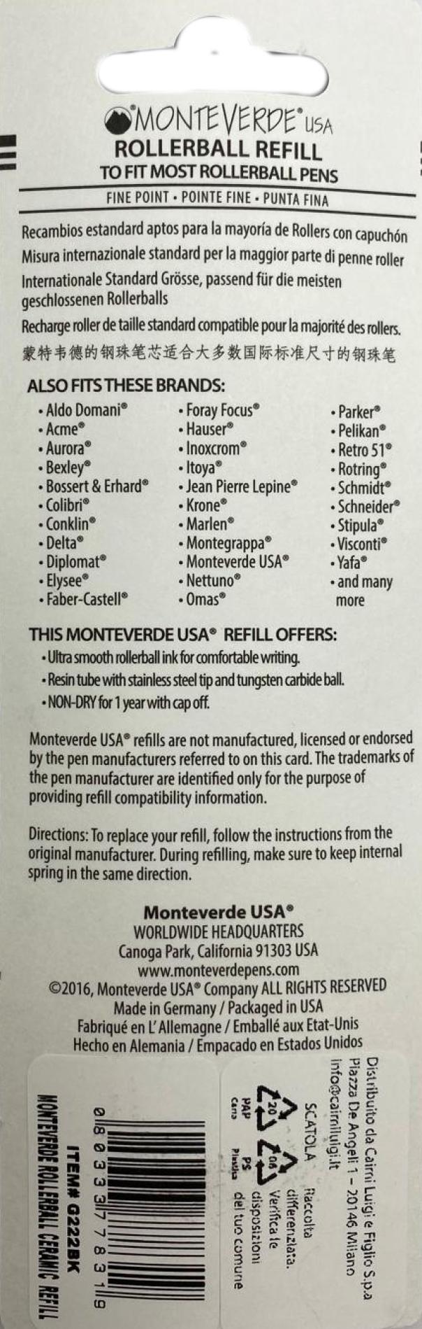 monteverde monteverde refill roller punta fine in blister da 2 pezzi colore nero - foto 2