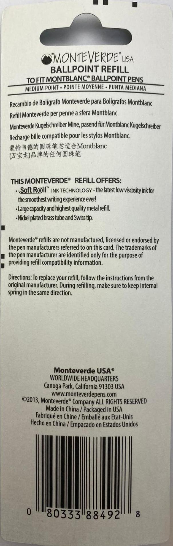 monteverde monteverde refill ballpoint punta media blister da 2 pz. colore blu - foto 2