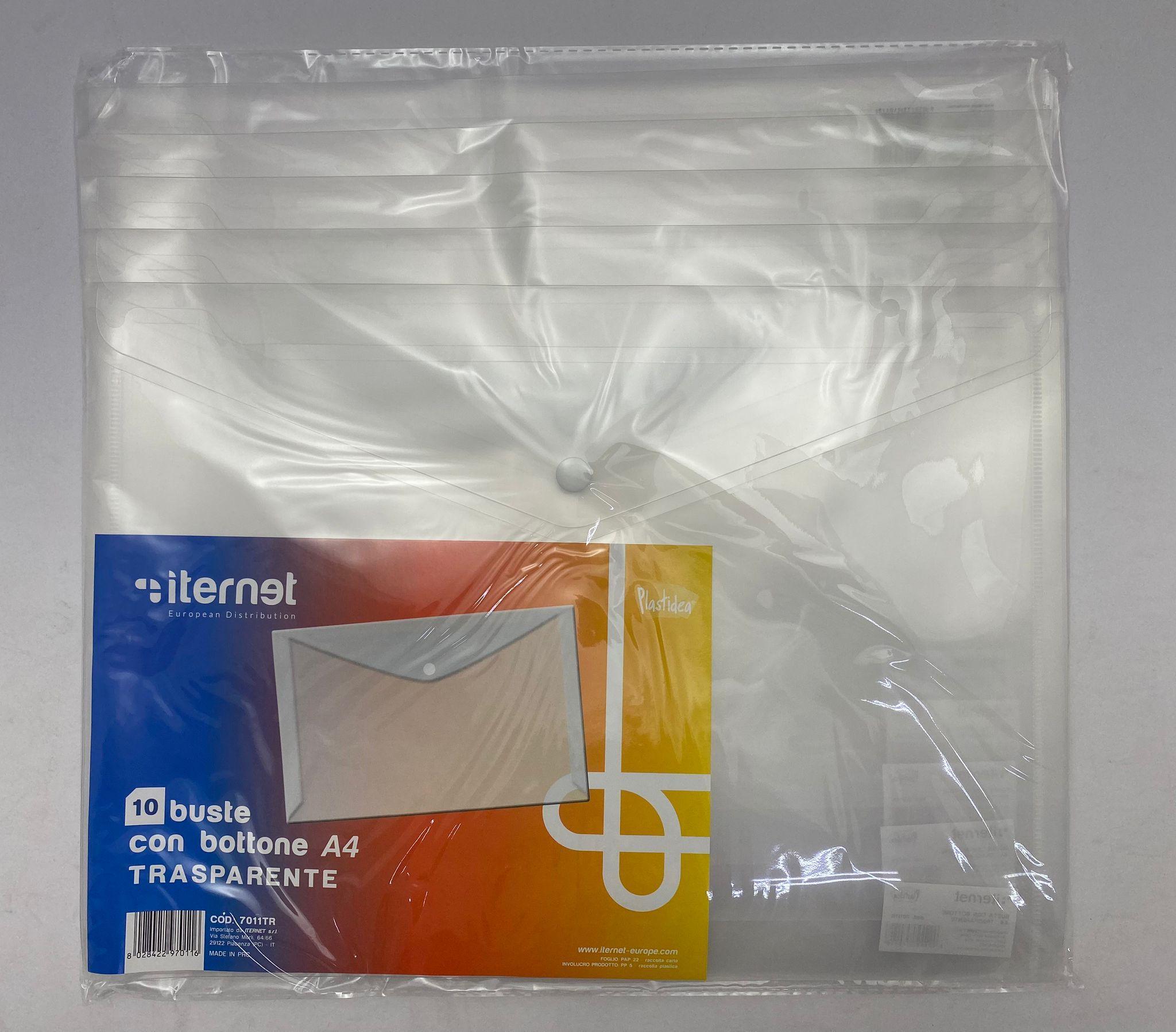 iternet iternet plastidea 10 pz buste con bottone portadocumenti a4 colore neutro trasparente - foto 1