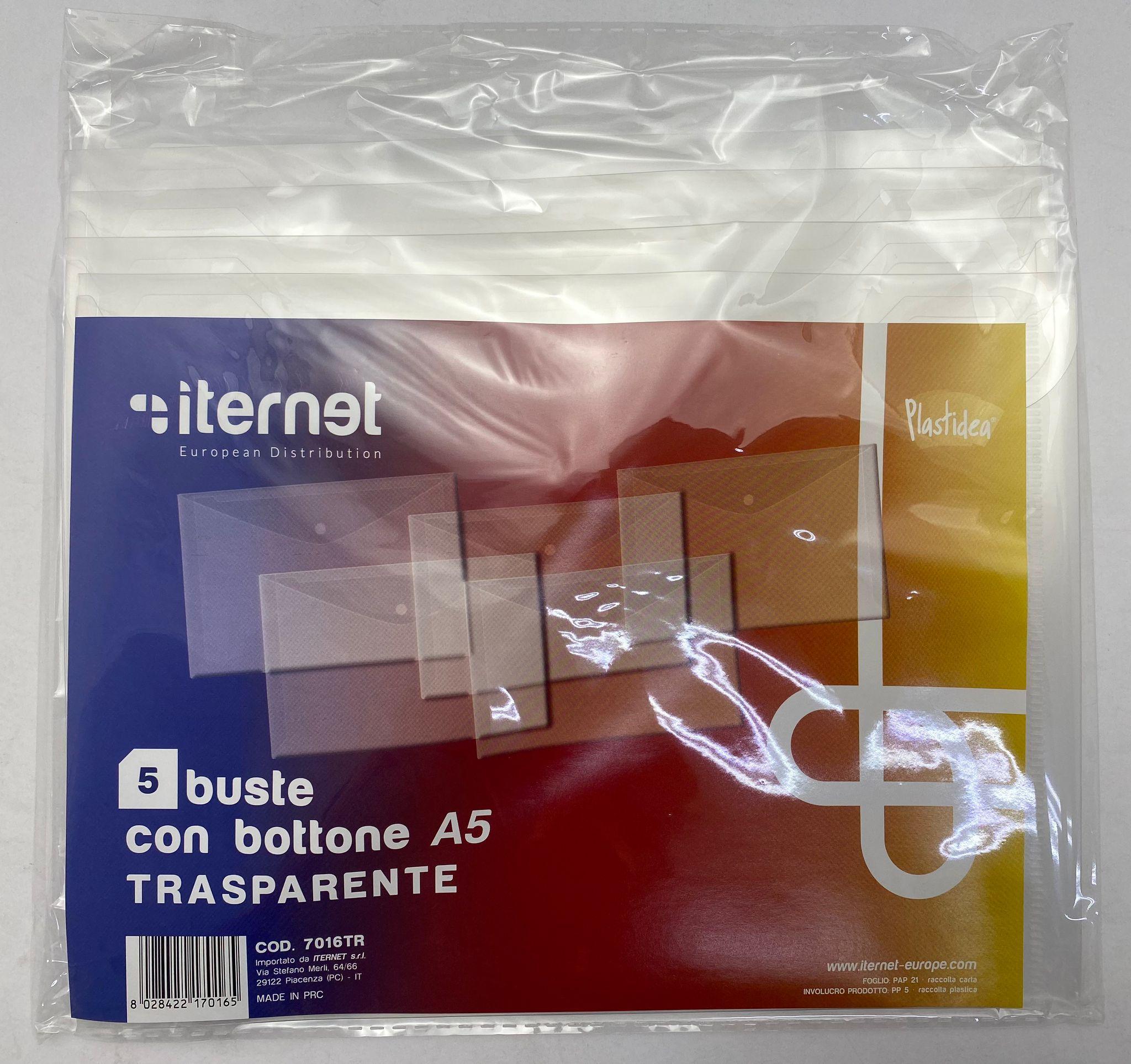 iternet iternet plastidea 5 pz buste con bottone portadocumenti a5 colore neutro trasparente - foto 1