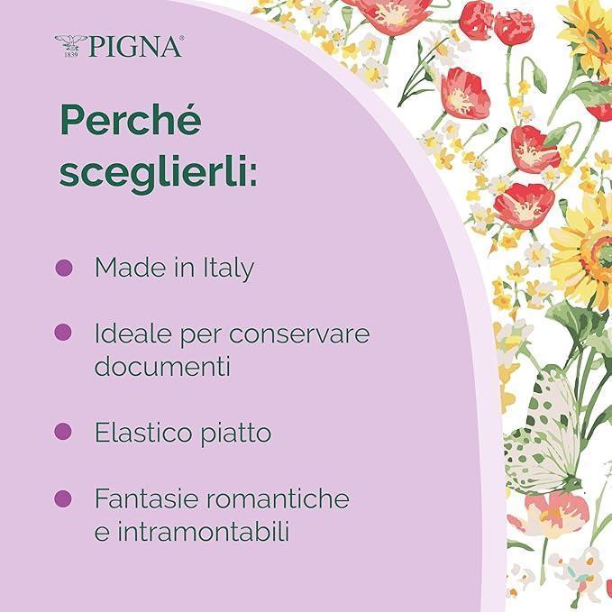pigna pigna flowers nature 6pz cartella portaprogetti con elastico 26x34cm dorso 3cm in 3 fantasie floreali - foto 6