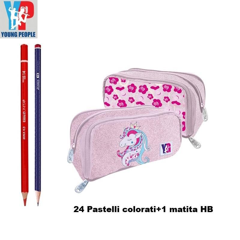 tinta unita astuccio busta unicorn rosa glitter attrezzato 3 zip tinta unita 11x7x22cm 51078 - foto 1