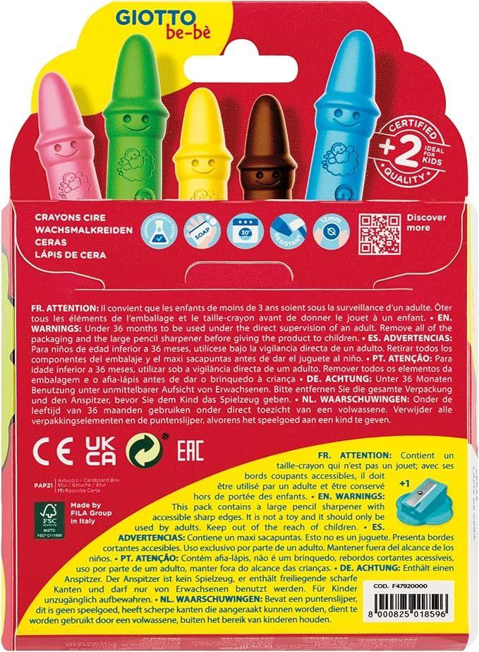 giotto giotto bebè pastelli a cera 6 conf. da 10 colori mina 7 mm con temperino - foto 2