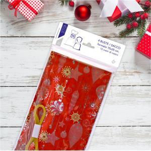 Buste regalo natalizie 4pz in ppl a sacco 15x25 cm+1 matassina nastro da 10mt