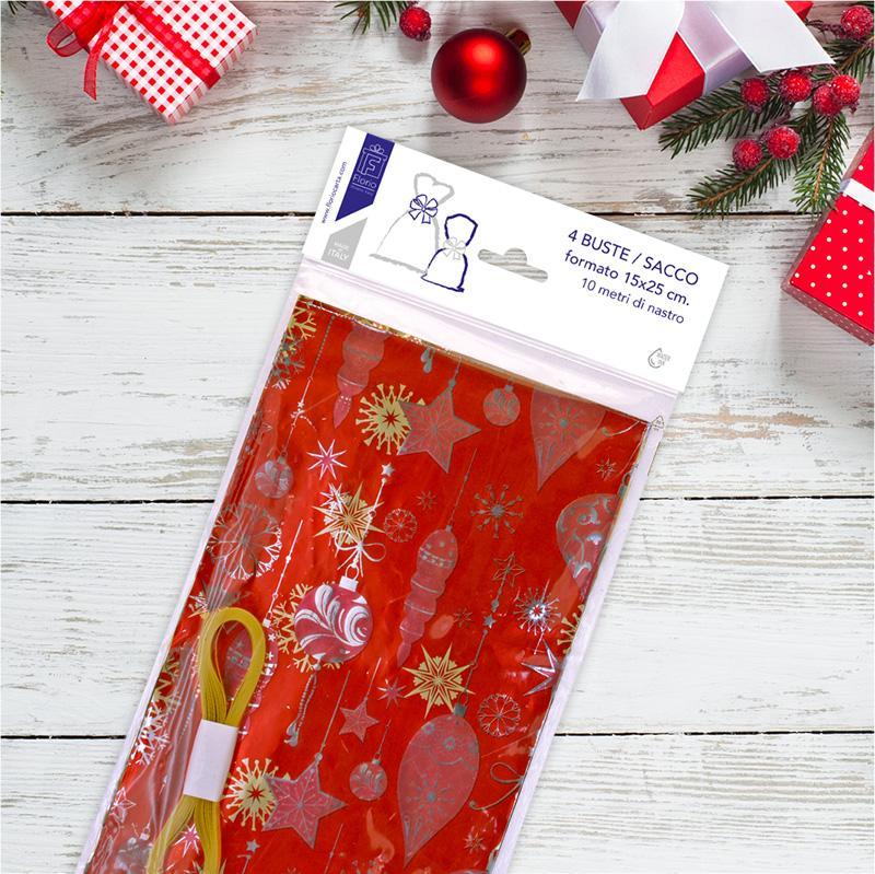 florio carta spa buste regalo natalizie 4pz in ppl a sacco 15x25 cm+1 matassina nastro da 10mt - foto 1