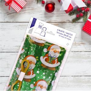 Buste regalo natalizie 4pz in ppl a sacco 20x35 cm+1 matassina nastro da 10mt