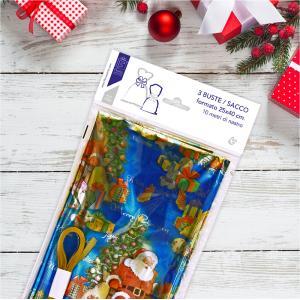 Buste regalo natalizie 3pz in ppl a sacco 25x40 cm+1 matassina nastro da 10mt