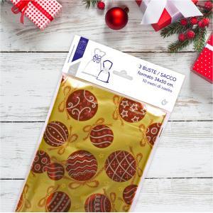 Buste regalo natalizie 3pz in ppl a sacco 34x50 cm+1 matassina nastro da 10mt