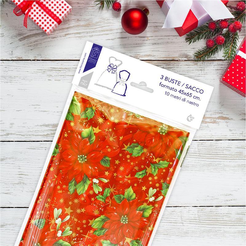 florio carta spa buste regalo natalizie 3pz in ppl a sacco 45x65 cm+1 matassina nastro da 10mt - foto 1
