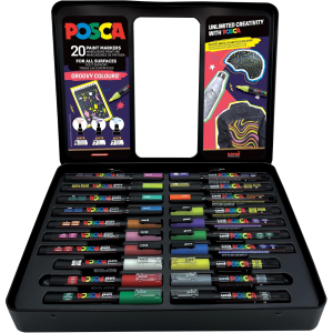 Uni posca valigetta metallo groovy 20pz marcatori pennarelli col. assortiti