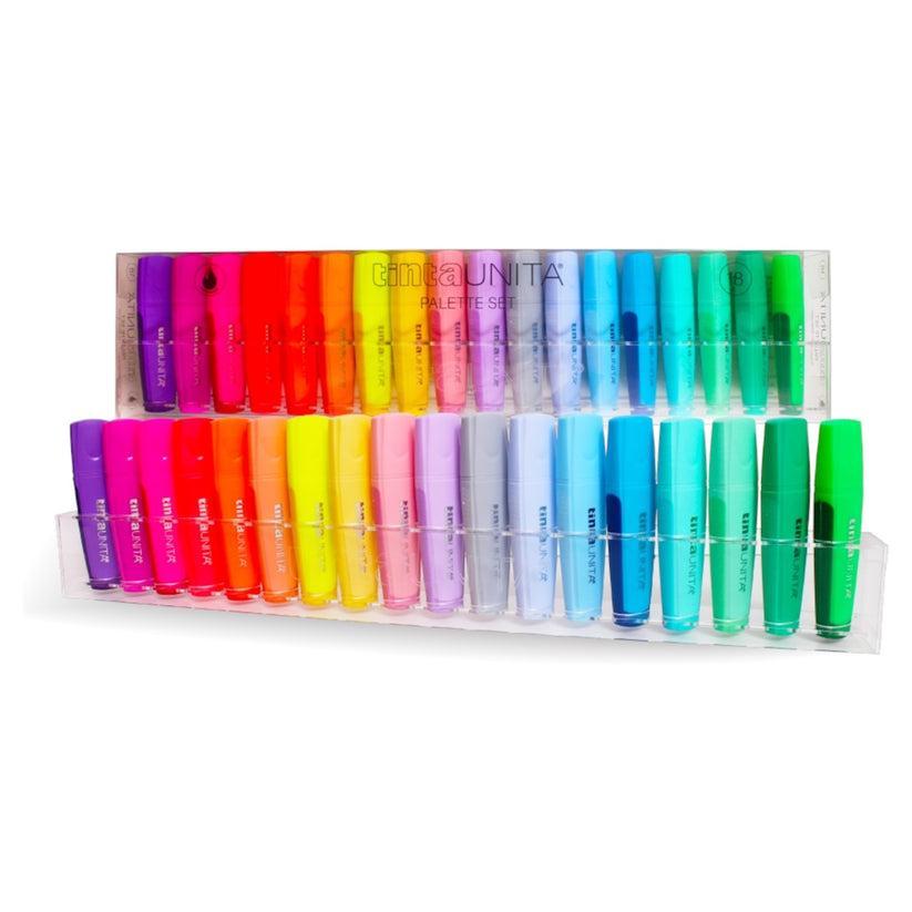 TINTA UNITA set completo di mini evidenziatori in 18 colori assortiti su espositore trasparente