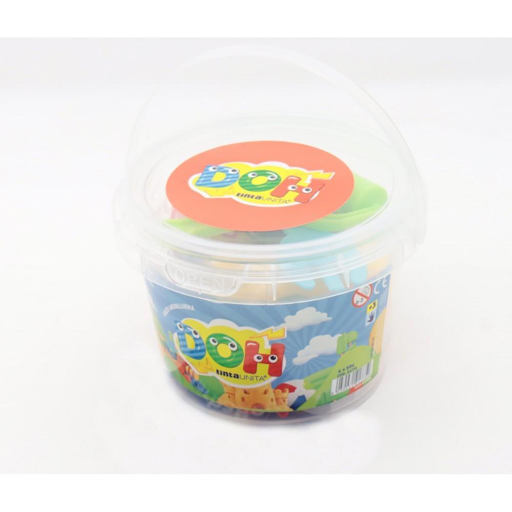 contenuto secchiello pasta modellabile Tinta Unita 4 colori e accessori inclusi per modellare