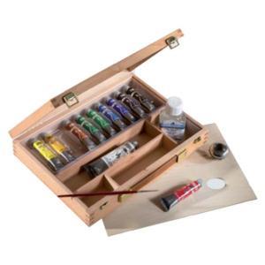 Cassetta in legno di faggio con colori a tempera assortiti + accessori