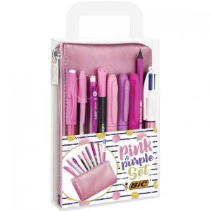 Pink & purple set astuccio con 9 strumenti da scrittura rosa e viola